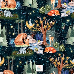 May include: A seamless pattern featuring a whimsical woodland scene with a dark blue background. The pattern includes a variety of animals, including bears, raccoons, foxes, and deer, as well as trees, stars, and a moon. The animals are depicted in a cute and cuddly style, and the overall effect is one of peace and tranquility.