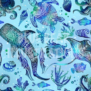 May include: A seamless pattern featuring a variety of ocean life, including a whale shark, a sea turtle, a stingray, a crab, starfish, and coral. The pattern is in shades of blue and green with a white outline.