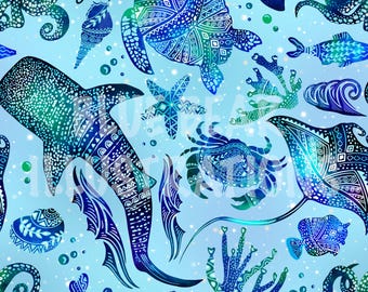 Ocean Seamless Pattern, Sea animals and Nautical design file, fabric sublimation, Whimsical Wallpaper blue background digital paper download
