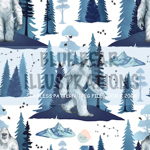 May include: A seamless pattern featuring white yeti figures walking through a forest of blue pine trees and mountains. The design includes constellations, small birds, and the text BLUE BEAR ILLUSTRATIONS SEAMLESS PATTERN, JPEG FILE, 8 INCHES X 8 INCHES.