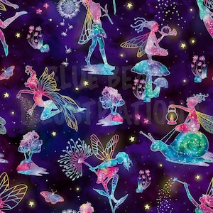 May include: A seamless pattern featuring fairies with iridescent wings and glowing bodies against a dark purple background with stars and dandelion seeds. The fairies are depicted in various poses, including flying, sitting on mushrooms, and riding snails.