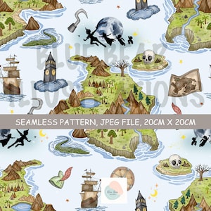 Puede incluir: Un patrón sin costuras sobre fondo azul claro con ilustraciones de una isla tropical, un barco pirata, un cocodrilo, una calavera, un garfio, una brújula y siluetas volando ante una luna llena. Texto: SEAMLESS PATTERN, JPEG FILE, 20CM X 20CM.