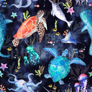 May include: A watercolour illustration featuring marine life such as turtles, whales, jellyfish, and fish, set against a dark blue backdrop. The design uses bright colours and has an underwater theme, suitable for fabric or wallpaper.