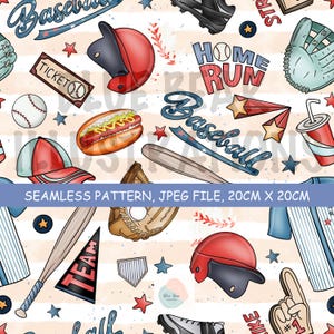 May include: A seamless baseball-themed pattern featuring red, white, and blue illustrations. Includes baseballs, bats, helmets, tickets, and the words "Home Run" and "Baseball". The pattern is 20cm x 20cm.