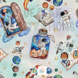 May include: A whimsical space-themed pattern featuring astronauts, planets, rockets, and open books with celestial illustrations. The design includes a jar with an astronaut inside, a telescope, and a satellite, all set against a light blue background with stars.