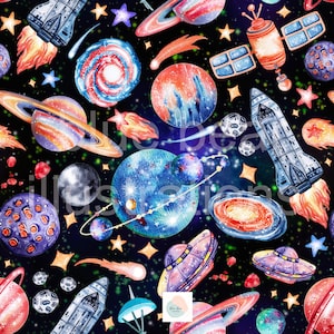 Könnte beinhalten: Ein nahtloses Muster mit Aquarell-Illustrationen von Planeten, Sternen, Kometen, Raketen und Raumschiffen auf dunkelblauem Hintergrund. Das Muster ist perfekt für Stoff, Tapete oder Geschenkpapier.