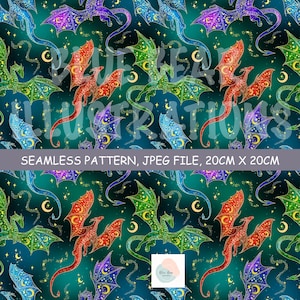 May include: Seamless pattern featuring colorful dragons with intricate wing designs, set against a dark teal starry background. Dragons are in shades of red, green, blue, and purple. The text "SEAMLESS PATTERN, JPEG FILE, 20cm X 20cm" is included.