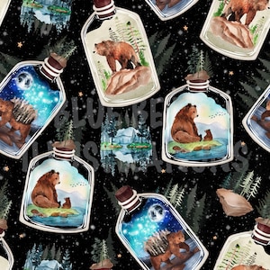 May include: A seamless pattern featuring watercolour illustrations of bears and forest scenes inside glass bottles. The bottles are on a black background with white stars.