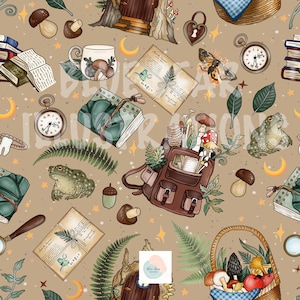 May include: A whimsical illustration featuring a repeating pattern of woodland and fantasy elements. The design includes mushrooms, frogs, books, a backpack, a basket, and a pocket watch, all set against a tan background with stars and crescent moons.