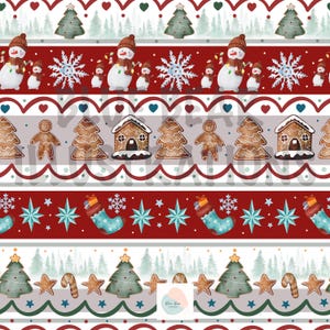 Może przedstawiać: Powtarzający się wzór z ilustracjami o tematyce bożonarodzeniowej. Bałwany, płatki śniegu, piernikowe domki, choinki i skarpety są przedstawione w świątecznym układzie. Paleta kolorów obejmuje czerwień, biel, zieleń i brąz.