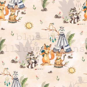 May include: A seamless pattern featuring watercolor illustrations of woodland animals in a whimsical Native American theme. The pattern includes a fox, a raccoon, a tiger, an owl, and a teepee. The background is a light beige color with accents of green, blue, and brown.