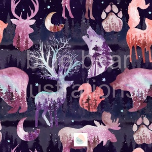 Peut inclure: Un motif aquarelle représentant divers animaux de la forêt, dont un cerf, un loup, un ours, un élan, un écureuil et un renard. Les animaux sont en silhouette sur un fond bleu foncé avec des étoiles et des lunes. Les animaux sont tous composés d'arbres et de feuillages, créant un design unique et fantaisiste.