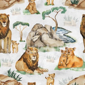May include: A watercolour illustration of a seamless pattern featuring lions, lion cubs, and jungle foliage. The lions are depicted in various poses, including standing, sitting, and lying down. The foliage includes trees, bushes, and rocks.