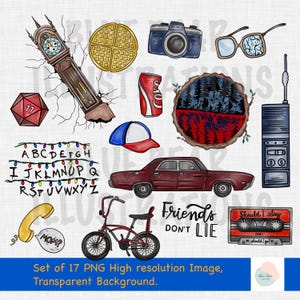 Konstiga saker PNG, inspirerad design, Hawkins PNG, digitalt papper, 17 PNG:er, Dungeons and Dragons PNG, Clipart, klistermärken