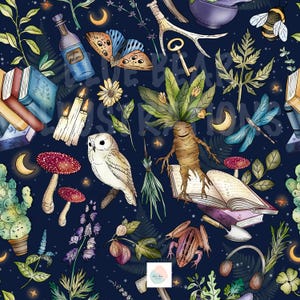 May include: A whimsical illustration on a dark blue background featuring a variety of magical elements. Includes an owl, mushrooms, books, a butterfly, a frog, and a mandrake root. The words "Magic Potion" are visible on a bottle.