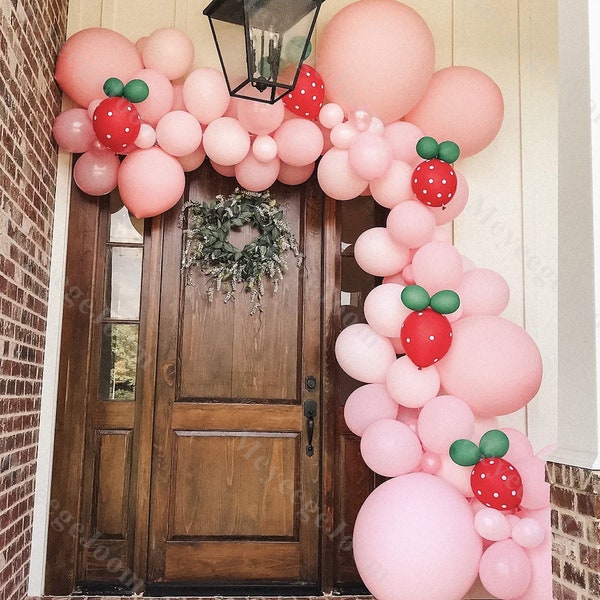 96pcs Baby Shower Balloon Arch Pink Green Red Polka Dots Strawberries Balloons Gender Reveal Birthday Party Kit Wedding Bridal Shower Arch