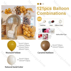 May include: A set of 121 balloon decorations in mustard yellow, caramel brown, and natural sand colors. The balloons are arranged in an arch shape and include 5-inch, 10-inch, 12-inch, and 18-inch sizes. The set also includes one roll of glue, a hook, and a balloon chain.