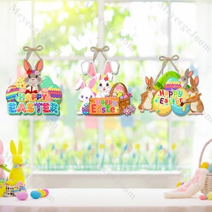 Happy Easter Front Door Sign Personalized Wall Hanging Easter Bunny Door Hanger Easter Welcome Sign Spring Theme Decor Easter Door Wreath