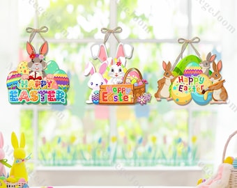 Happy Easter Front Door Sign Personalized Wall Hanging Easter Bunny Door Hanger Easter Welcome Sign Spring Theme Decor Easter Door Wreath