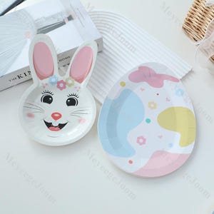Piatti di carta a forma di coniglietto pasquale, piatti da dessert a forma di uovo, stoviglie pasquali, tovaglioli rosa a forma di coniglietto, stoviglie per brunch a tema coniglio primaverile, articoli per feste