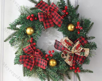 Christmas Wreath With Bows,Greenery Wreath, Winter Themed Wreath,Red Berry Wreath,Outdoor Home Decor,Reusable Christmas Wreath,Home Gifts