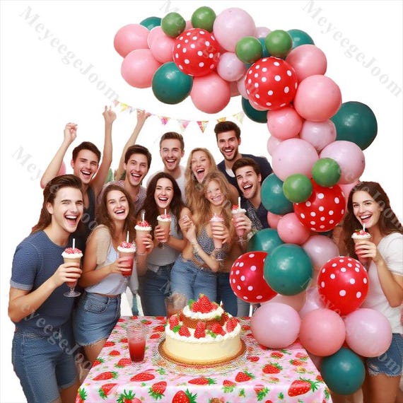 Kit Ghirlanda Palloncini A Tema Fragola Per Festa Di Compleanno Ragazza – 1° 2° Anno – Palloncini Rossi E Bianchi