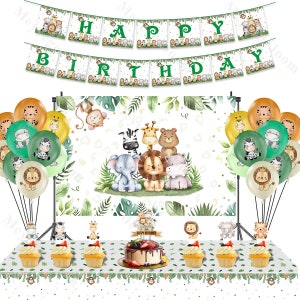 Waldland Geburtstagsparty Kulisse,Safari Party Dekoration,Dschungel Tier Papier Banner,Kuchen Einlage Fahne,Tier Print Ballons,Baby Shower