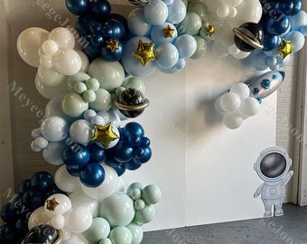 156pcs DIY Outerspace Balloon Arch White Blue To the Moon Balloon 4D Standing Rocket Space Baby Shower Blast Off Birthday Out of This World