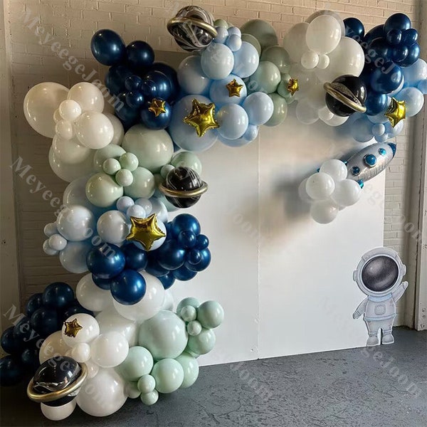 156pcs DIY Outerspace Balloon Arch White Blue To the Moon Balloon 4D Standing Rocket Space Baby Shower Blast Off Birthday Out of This World