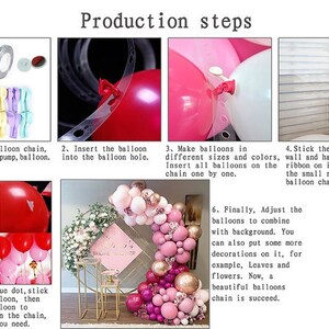 May include: A step-by-step guide on how to create a balloon garland. The instructions include preparing the balloon chain, inserting balloons into the chain, and adjusting the garland to create a beautiful display. The image shows a variety of balloons in different colors and sizes.