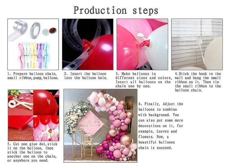 May include: A step-by-step guide on how to create a balloon garland. The instructions include preparing the balloon chain, inserting balloons into the chain, and adjusting the garland to create a beautiful display. The image shows a variety of balloons in different colors and sizes.