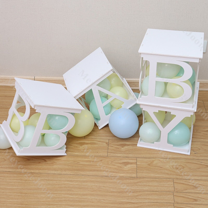Baby Shower Balloon Boxes, Baby Boxes with 27 Letters ,4pcs Transparent  Baby Blocks for baby shower,Gender Reveal,Wedding，Boy Girl Birthday Party
