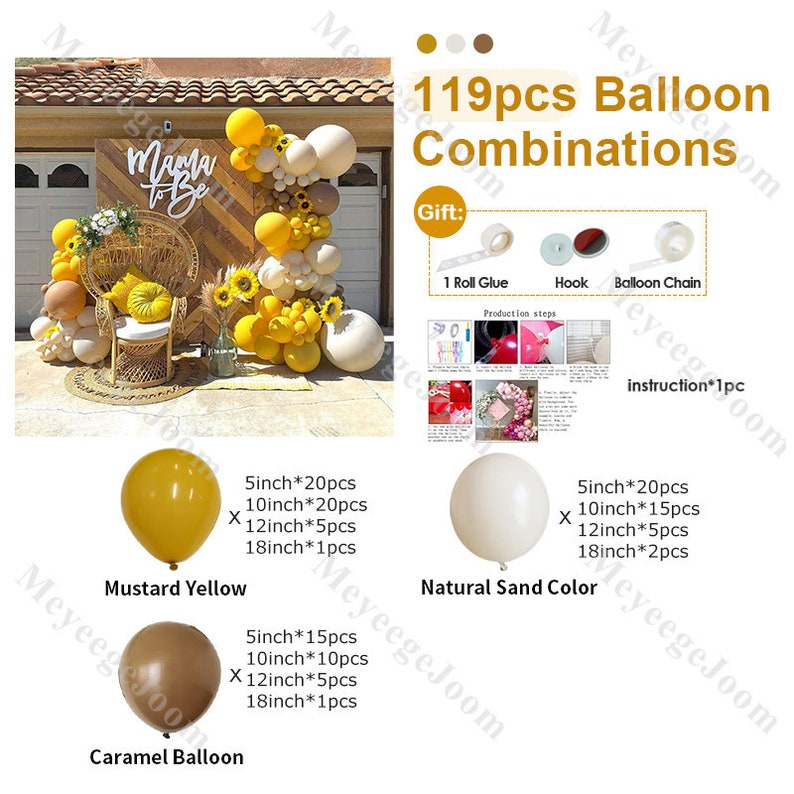 May include: A set of 119 balloons in three colors: mustard yellow, caramel brown, and natural sand. The balloons are arranged in a garland with a sign that says "Mama to Be". The set includes 1 roll of glue, a hook, and a balloon chain.