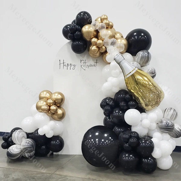 128 Happy Retirement Balloon Arch Blanc Noir Or Bouteille De Champagne Ballons 1er Anniversaire Baby Shower Enseignant Décorations De Fête De Retraite