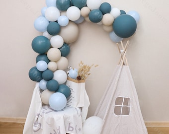 72pcs Balloon Arch Kit Slate Blue White Sand 1st Birthday Balloons Baby Shower Gender Reveal Decorations Wedding Anniversary Balloon Chain