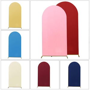 May include: A collection of arched backdrop stands in various colors, including gold, blue, pink, red, cream, and navy. Each stand features a rectangular base and a curved top, suitable for events and photo shoots.