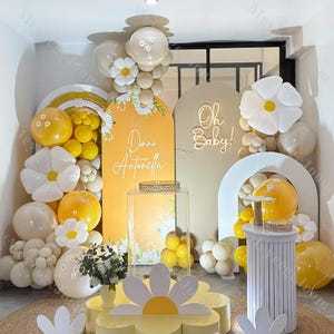 114 pezzi Due palloncini Groovy Arco di sabbia naturale Palloncini margherita al limone Baby Shower Ragazza Buon compleanno Rivelazione del sesso Forniture per feste Matrimonio Globos