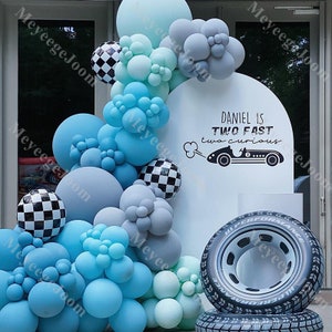 146/147/148pcs auto da corsa d’epoca, kit arco a palloncino, palloncini a scacchi grigi blu, rivelazione di genere, baby shower, compleanno, due, decorazione per feste veloce