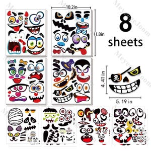 Op de afbeelding: Acht vellen Halloween-gezichtsstickers. De vellen bevatten verschillende ogen, monden en andere gezichtskenmerken in heldere kleuren. De vellen meten 25,9 cm bij 30 cm. Een enkele sticker meet 13,2 cm bij 11,2 cm.