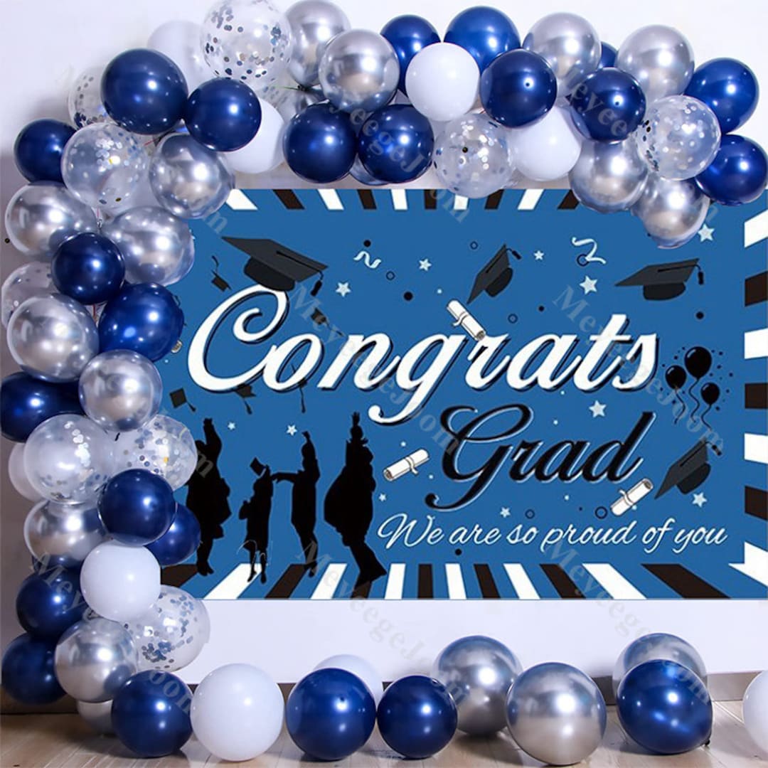 65/66pcs Graduation Balloon Arch Kit White Navy Birthday Party