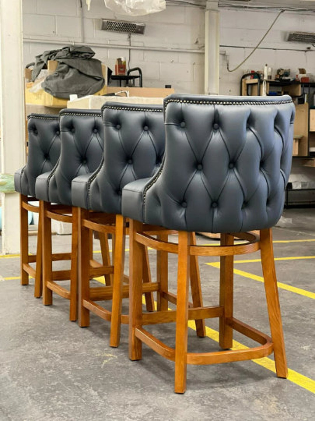 Luxury British Made Chesterfield Grey Leather Bar Stool Real Leather