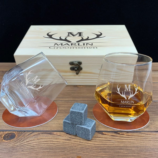 Personalized Groomsmen Gifts, Groomsmen Proposal, Whiskey Glass - Coaster - Stones Set with Wooden Gift Box, Best Man Gift, Dad Gift