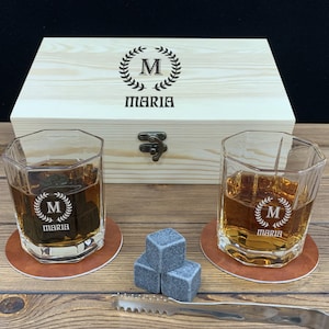 Personalised Engraved Crystal Whisky Glass with wooden box,Groomsmen Whiskey Glasses , Coasters,Custom Whiskey Glass,