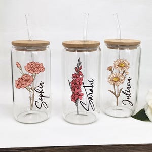 Personalized Birth Flower Tumbler With Name,Birth Flower Glass with Straw,Coffee Cup,Mothers Day,Gifts for Her,Bridesmaid Proposal
