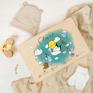 Personalised Baby Memory Box - Stork Boy | Custom Keepsake Boxes | Unique Gift for Newborn Boy or Girl | Customised Wooden Storage Box