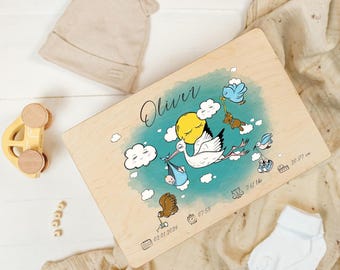 Personalised Baby Memory Box - Stork Boy | Custom Keepsake Boxes | Unique Gift for Newborn Boy or Girl | Customised Wooden Storage Box