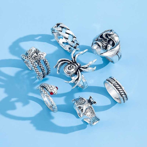 7pcs Gothic Silver Color Skeleton Rings for Men Punk Grimace Heart