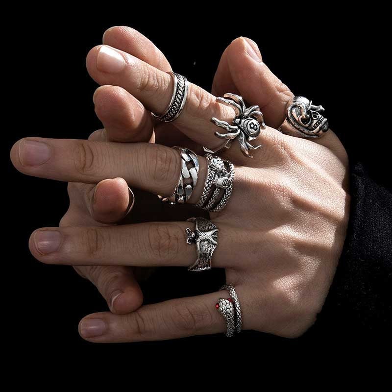 Sindlan 4Pcs Punk Skeleton Silver Color Rings for Men Gothic Flame Rivet Za  Couple Emo Fashion Jewelry Anillos Para Hombre Bague