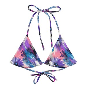 Bikini top con lacci riciclato con Margherite Lilla Astratte