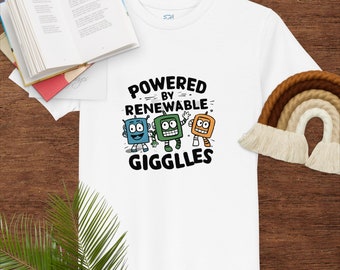 T-Shirt Bambini Eco 'Powered by Renewable Giggles' - Cotone Organico GOTS 3-13 Anni